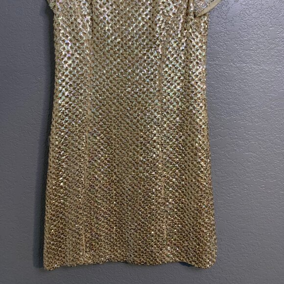 Vintage Mod Gold Knit Sequin Lined Rhinestone Collar Shift Dress Pat Sandler - Picture 2 of 10